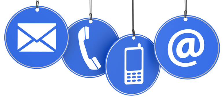 Website and Internet contact us page concept with icons on four blue hanged tags on white background.